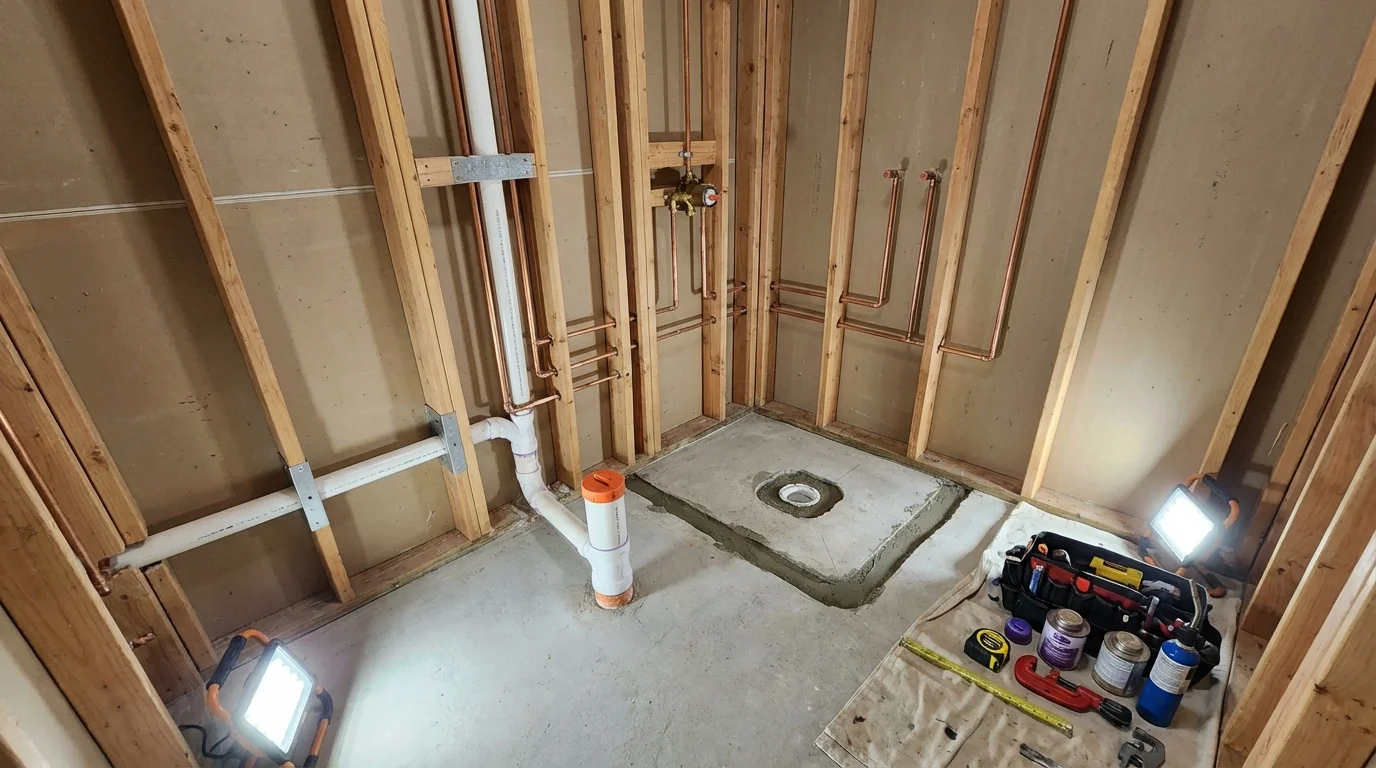 Bathroom rough-in plumbing during remodel by Johns Plumbing LLC in Norfolk