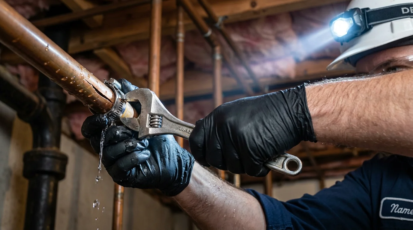 Emergency pipe clamp repair being performed by a Johns Plumbing LLC plumber in Norfolk