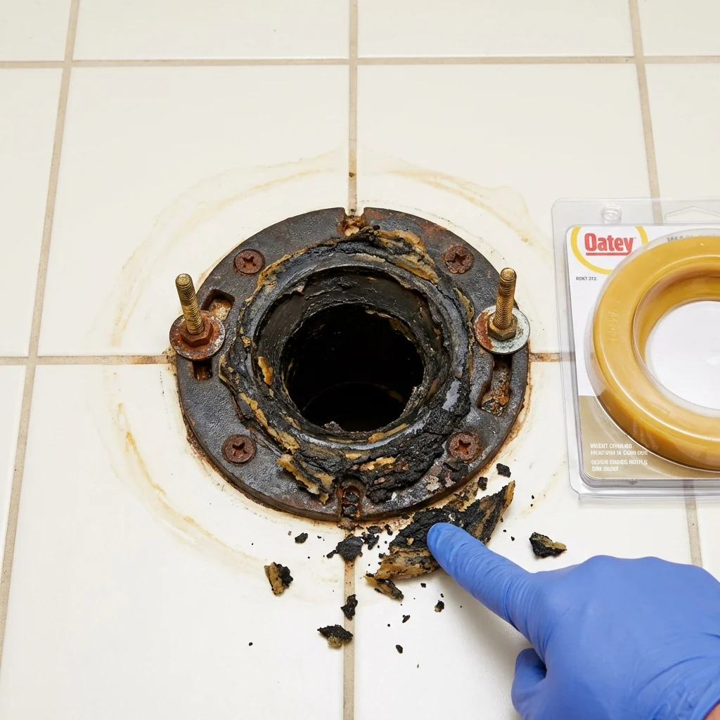 Failed wax ring showing water seepage at the base of a toilet in a Norfolk, NE home