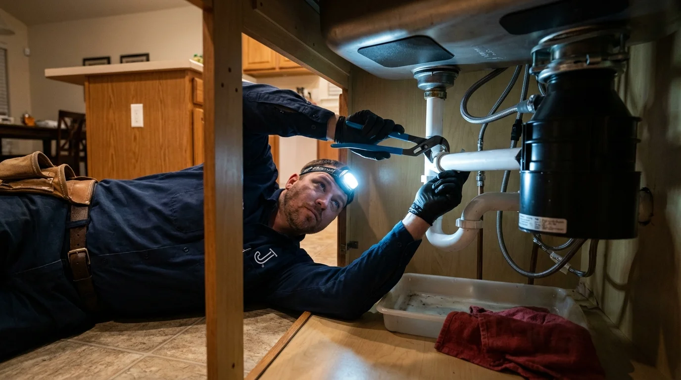 P-trap and supply line connections under a kitchen sink showing a common leak point in Norfolk, NE